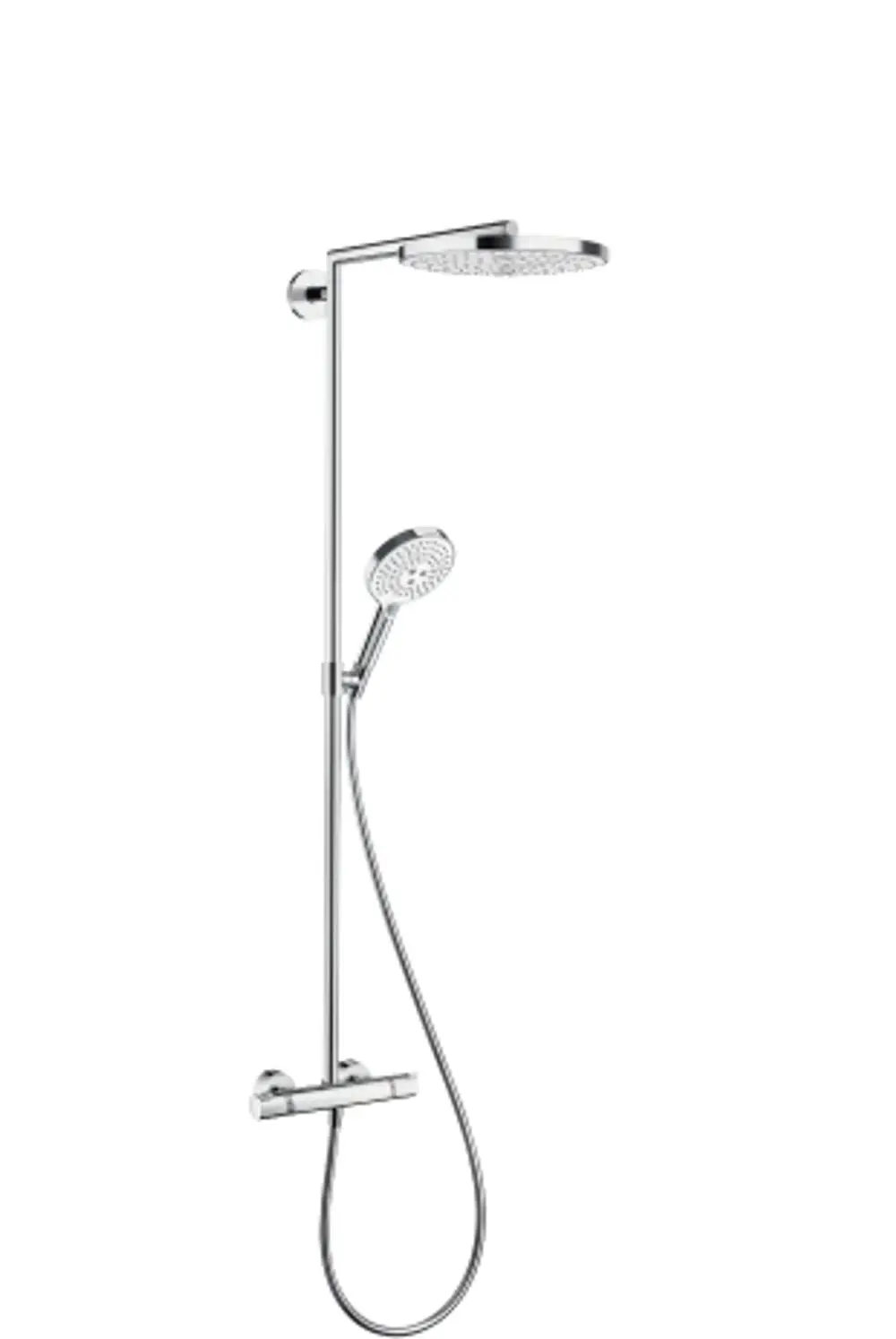 Dusche von Hansgrohe mit einer oberen Regenbrause und einer Handbrause, montiert an einer senkrechten Stange, mit einem Thermostat zur Temperaturregelung.
